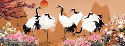 Tranh Vẽ Những Chú Chim Hạc Bên Hoàng Hôn