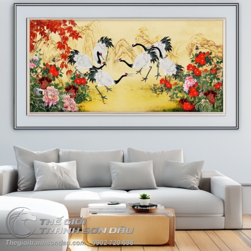 Tranh Vẽ Những Chú Chim Hạc Bên Khóm Hoa Mẫu Đơn