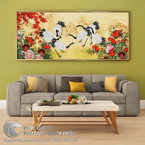 Tranh Vẽ Những Chú Chim Hạc Bên Khóm Hoa Mẫu Đơn