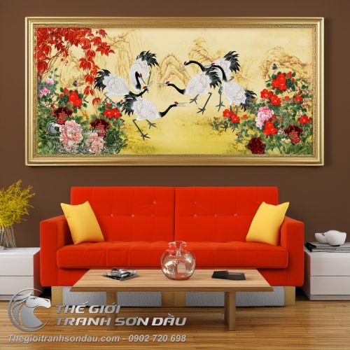 Tranh Vẽ Những Chú Chim Hạc Bên Khóm Hoa Mẫu Đơn