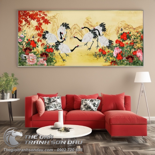 Tranh Vẽ Những Chú Chim Hạc Bên Khóm Hoa Mẫu Đơn