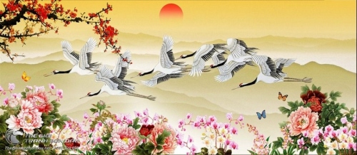 Tranh Vẽ Những Chú Chim Hạc Đang Bay Trên Bầu Trời