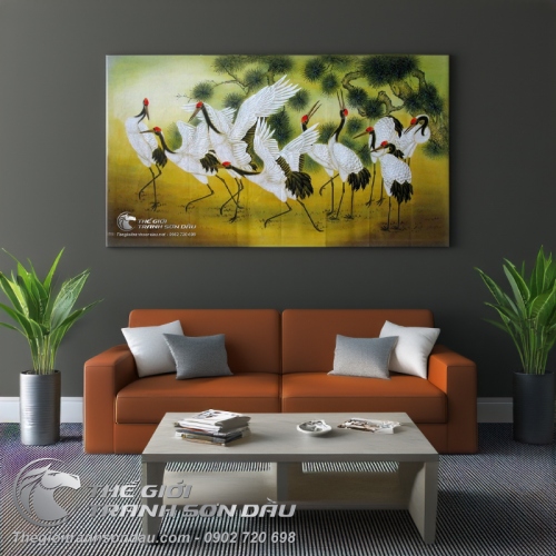 Tranh Vẽ Những Đôi Chim Hạc Bên Cây Tùng