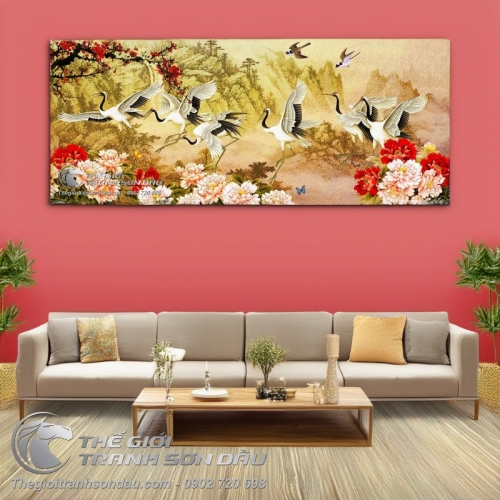 Tranh Vẽ Những Đôi Chim Hạc Bên Hoa Mẫu Đơn