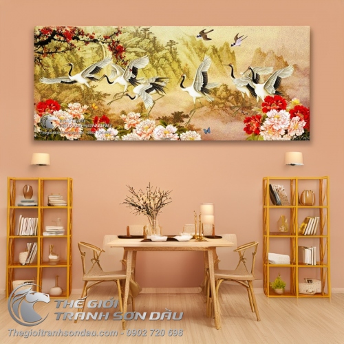 Tranh Vẽ Những Đôi Chim Hạc Bên Hoa Mẫu Đơn
