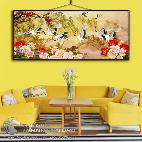 Tranh Vẽ Những Đôi Chim Hạc Bên Hoa Mẫu Đơn