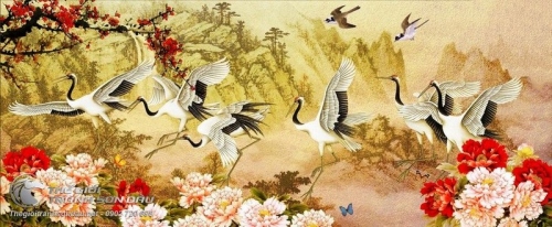 Tranh Vẽ Những Đôi Chim Hạc Bên Hoa Mẫu Đơn