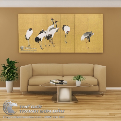 Tranh Vẽ Những Đôi Chim Hạc Trên Nền Màu Vàng Nhạt