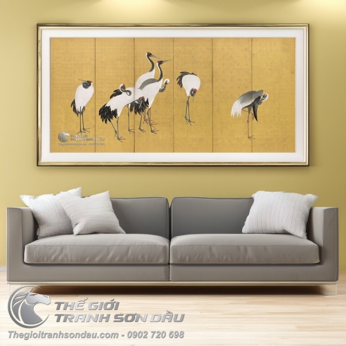 Tranh Vẽ Những Đôi Chim Hạc Trên Nền Màu Vàng Nhạt