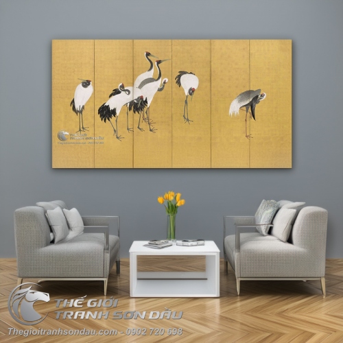 Tranh Vẽ Những Đôi Chim Hạc Trên Nền Màu Vàng Nhạt