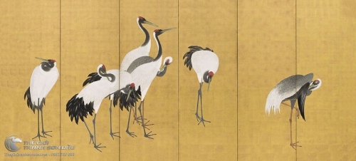Tranh Vẽ Những Đôi Chim Hạc Trên Nền Màu Vàng Nhạt