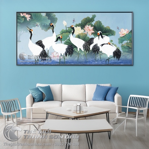 Tranh Vẽ Những Đôi Chim Hạc Trên Nền Xanh Dương