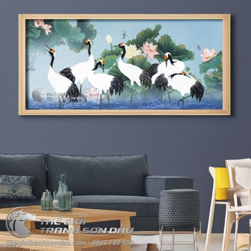 Tranh Vẽ Những Đôi Chim Hạc Trên Nền Xanh Dương