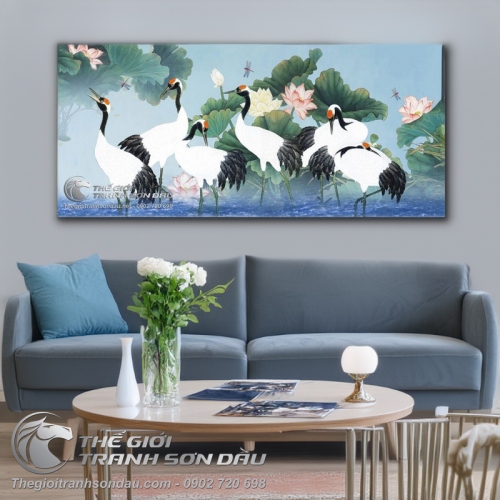 Tranh Vẽ Những Đôi Chim Hạc Trên Nền Xanh Dương