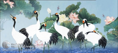 Tranh Vẽ Những Đôi Chim Hạc Trên Nền Xanh Dương