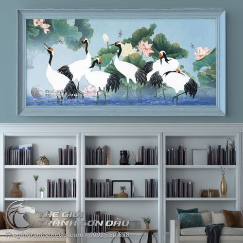 Tranh Vẽ Những Đôi Chim Hạc Trên Nền Xanh Dương
