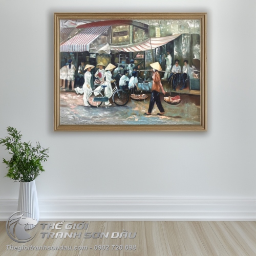 Tranh Vẽ Nữ Sinh Áo Dài và Cô Gái Gánh Hàng Rong
