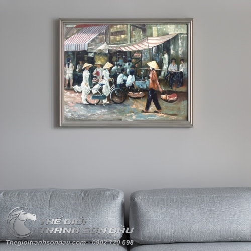 Tranh Vẽ Nữ Sinh Áo Dài và Cô Gái Gánh Hàng Rong