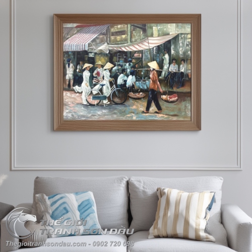 Tranh Vẽ Nữ Sinh Áo Dài và Cô Gái Gánh Hàng Rong