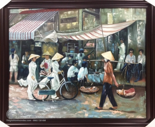 Tranh Vẽ Nữ Sinh Áo Dài và Cô Gái Gánh Hàng Rong