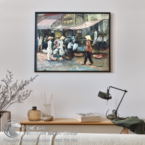 Tranh Vẽ Nữ Sinh Áo Dài và Cô Gái Gánh Hàng Rong