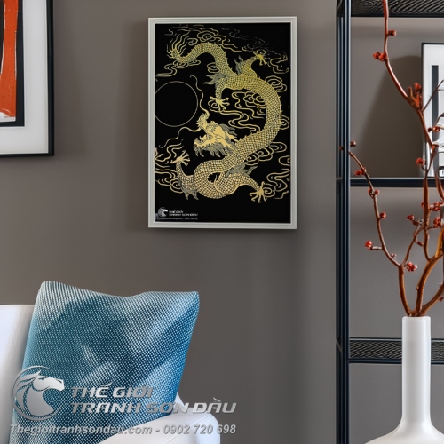 Tranh Vẽ Rồng Trắng Nhả Ngọc Nền Đen