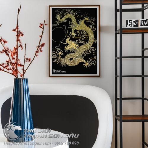 Tranh Vẽ Rồng Trắng Nhả Ngọc Nền Đen