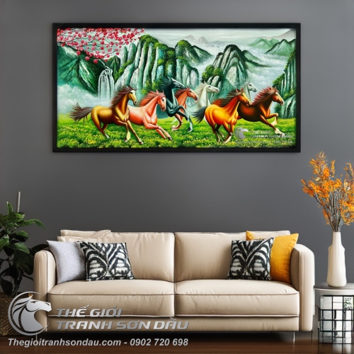 Tranh Vẽ Sơn Dầu Bát Mã Non Xanh Trùng Điệp