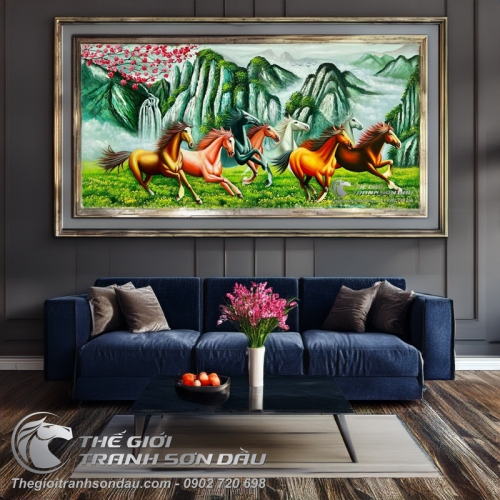 Tranh Vẽ Sơn Dầu Bát Mã Non Xanh Trùng Điệp