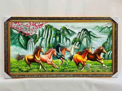 Tranh Vẽ Sơn Dầu Bát Mã Non Xanh Trùng Điệp