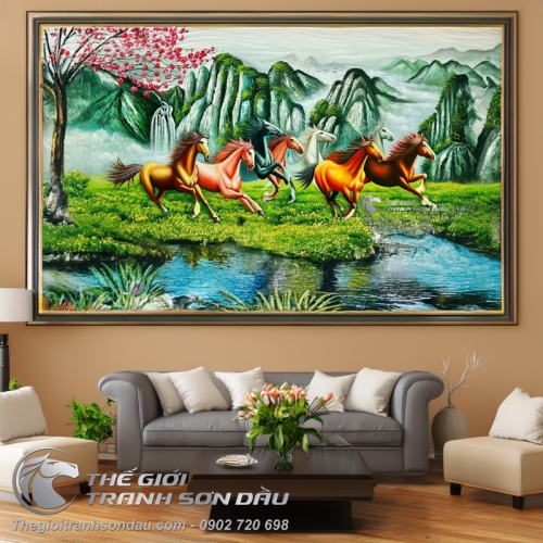 Tranh Vẽ Sơn Dầu Bát Mã Non Xanh Trùng Điệp