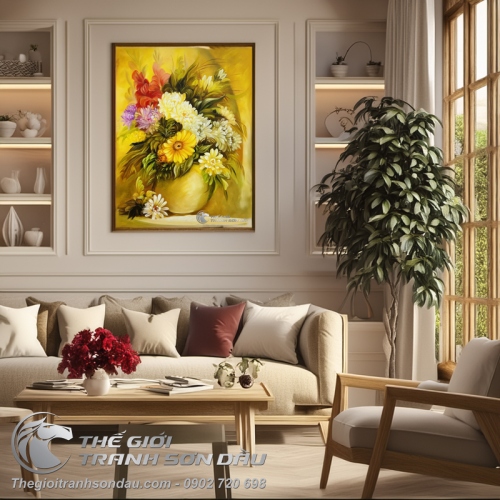 Tranh Vẽ Sơn Dầu Bình Hoa Cúc Đẹp Giá Rẻ