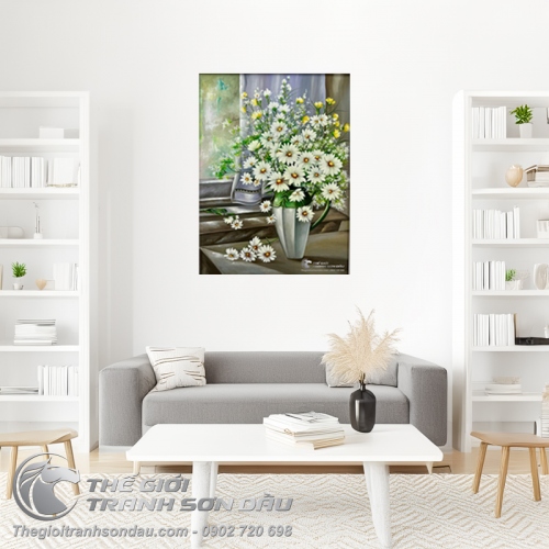 Tranh Vẽ Sơn Dầu Bình Hoa Cúc Trắng Nghệ Thuật