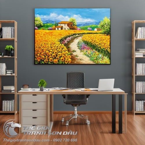 Tranh Vẽ Sơn Dầu Ngôi Nhà Giữa Vườn Hoa