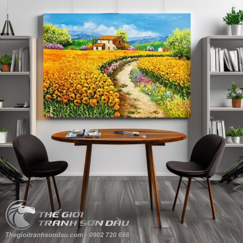 Tranh Vẽ Sơn Dầu Ngôi Nhà Giữa Vườn Hoa