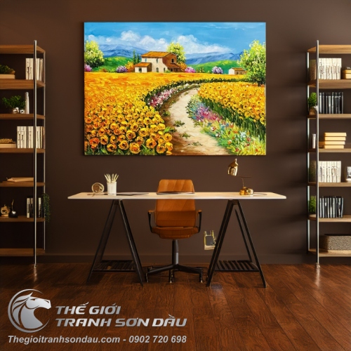 Tranh Vẽ Sơn Dầu Ngôi Nhà Giữa Vườn Hoa