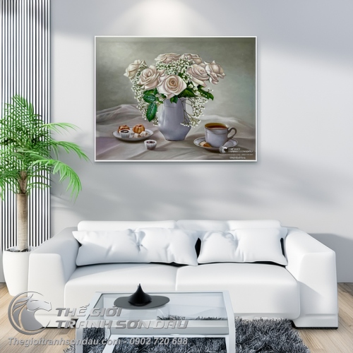 Tranh Vẽ Tĩnh Vật Bình Hoa Hồng Trắng Đẹp