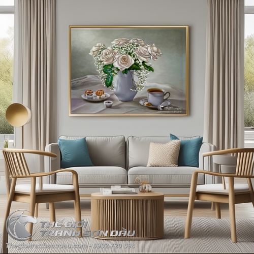 Tranh Vẽ Tĩnh Vật Bình Hoa Hồng Trắng Đẹp