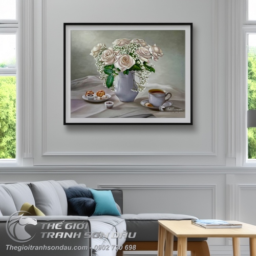 Tranh Vẽ Tĩnh Vật Bình Hoa Hồng Trắng Đẹp