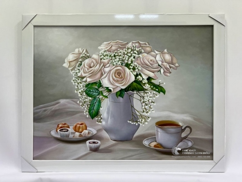 Tranh Vẽ Tĩnh Vật Bình Hoa Hồng Trắng Đẹp