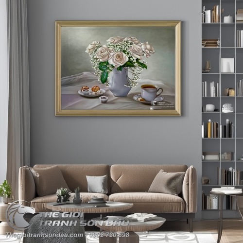 Tranh Vẽ Tĩnh Vật Bình Hoa Hồng Trắng Đẹp