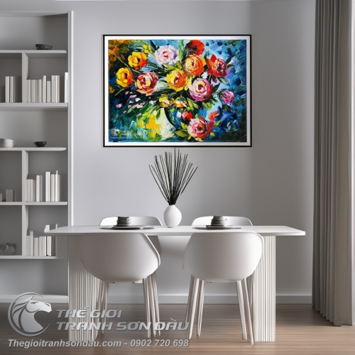 Tranh Vẽ Tĩnh Vật Bình Hoa Nở Dày Màu