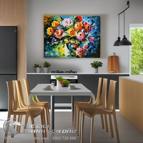 Tranh Vẽ Tĩnh Vật Bình Hoa Nở Dày Màu