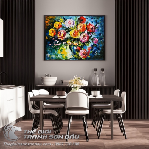 Tranh Vẽ Tĩnh Vật Bình Hoa Nở Dày Màu