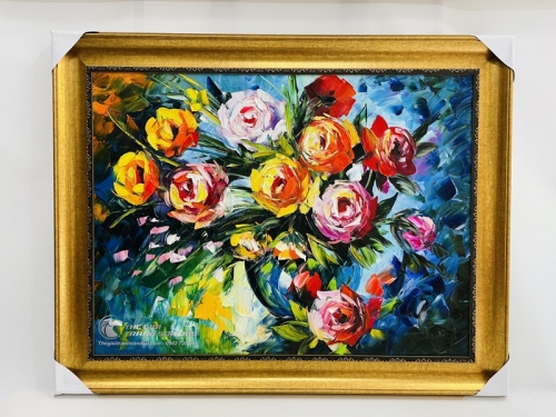 Tranh Vẽ Tĩnh Vật Bình Hoa Nở Dày Màu