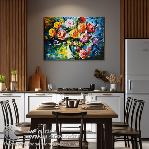 Tranh Vẽ Tĩnh Vật Bình Hoa Nở Dày Màu