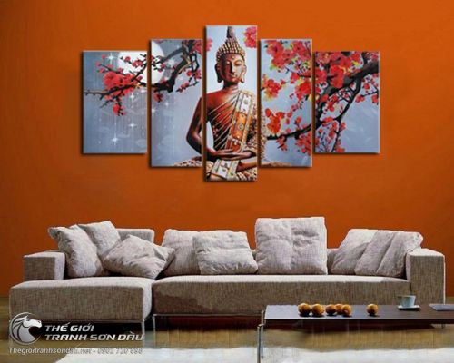 Tranh Vẽ Tượng Phật Và Hoa Đào Treo Phòng Khách