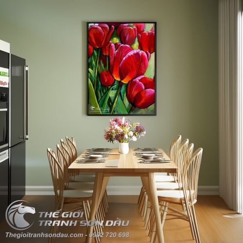 Tranh Vẽ Vườn Hoa Tulip Màu Đỏ Hồng