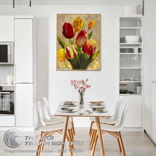 Tranh Vẽ Vườn Hoa Tulip Nhiều Màu Sắc