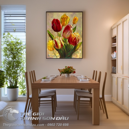 Tranh Vẽ Vườn Hoa Tulip Nhiều Màu Sắc